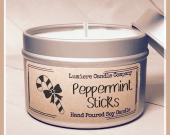 Peppermint Sticks Scented Soy Candle Jar: Hand Poured Christmas Candle