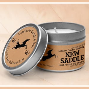 New Saddle Horse Soy Candle Tin: Equestrian Gift, Leather Scent