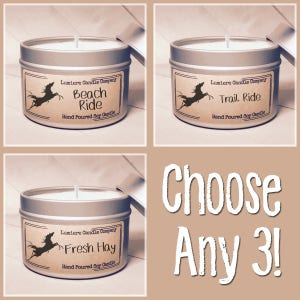 PICK ANY 3 Equestrian Themed Soy Candle Tins, Equestrian Collection! - Horse Lover, Equestrian Gift, Equestrian Candle, Horse Candle