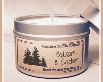 BALSAM AND CEDAR Soy Candle Tin, Pine Candle, Birch Candle, Spruce Candle, Earthy Candle, Woodsy Candle, Cedarwood, Winter Candle, Christmas