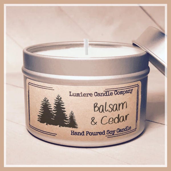 BALSAM AND CEDAR Soy Candle Tin, Pine Candle, Birch Candle, Spruce Candle, Earthy Candle, Woodsy Candle, Cedarwood, Winter Candle, Christmas