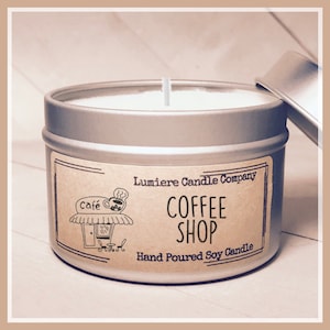 Coffee Shop Scented Soy Candle: Fresh Brewed Coffee, 4oz Tin