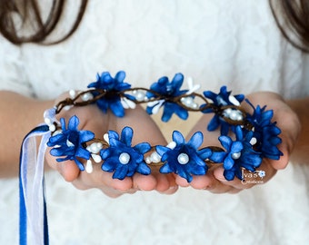 Blauw haar kroon Bruiloft hoofdband Witte parel haar krans Iets blauw Bruidsmeisje haar Bloem meisje kroon Blossom hoofdtooi Blauwe foto prop