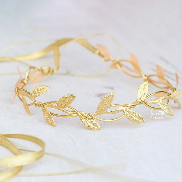 Gold or silver hair crown, Golden leaves hair wreath, Greek wedding headpiece, Flower girl circlet, Goddess halo crown, Metalic color