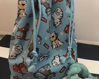 Drawstring project bag , cat fabric