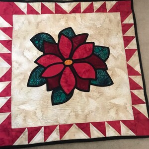 Könnte beinhalten: Eine rote Weihnachtsstern-Blume mit grünen Blättern ist von einem schwarzen und weißen Rahmen mit roten und weißen Dreiecken umgeben. Der Hintergrund ist cremefarben.