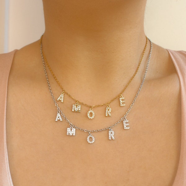 Collier lettre strass zircon argenté ou doré collier prénom alphabet, collier initiale personnalisé mot au choix, bijoux femme.