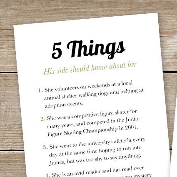 Printable 5 Things Template for Microsoft Word • Engagement Party • Wedding Rehearsal • Fun Facts About Bride and Groom • DIY Digital Games