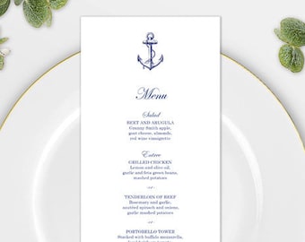 Nautical Wedding Menu Template with Anchor for Microsoft Word • Printable Instant Download Digital File • Beach Wedding Elegant Navy Cursive