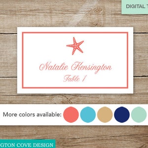 Starfish Place Cards Microsoft Word Template Wedding Printable DIY Digital Instant Download Food Labels Beach Beachy Coral Aqua Navy image 1