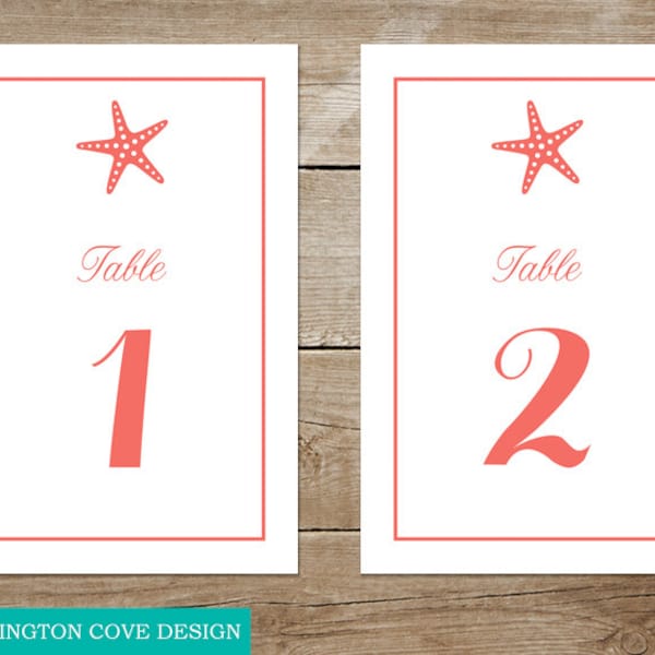 Starfish Beach Wedding Table Numbers • Printable Digital File • Island Hawaii Jamaica Florida Keys Destination • Coral Aqua Navy Turquoise