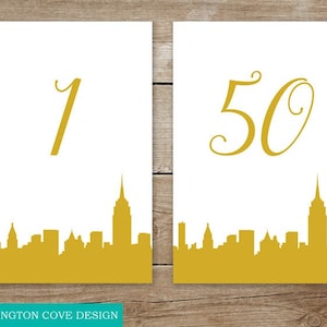 NYC Skyline Table Numbers 1-50 • Gold Wedding • Printable DIY • Instant Download • Downloadable Digital File • Manhattan New York City