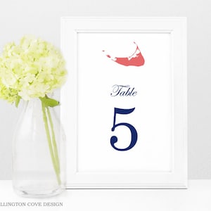 Nantucket kaart bruiloft tafelnummers 1-40 • Afdrukbare digitale Instant Download • Nautische • 4 x 6 5 x 7 • Script cursief Navy Red Massachusetts