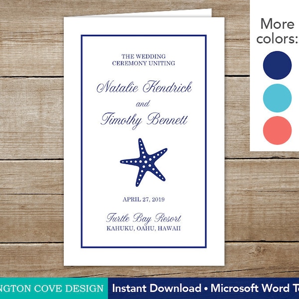 Starfish Beach Wedding Ceremony Program • Printable Instant Download • Tropical Island Destination Wedding • Catholic or nondenominational