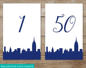 NYC Skyline Table Numbers 1-50 • Navy Wedding • Printable DIY • Instant Download • Downloadable Digital File • Manhattan New York City