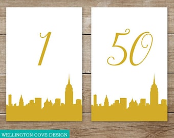 NYC Skyline Table Numbers 1-50 • Gold Wedding • Printable DIY • Instant Download • Downloadable Digital File • Manhattan New York City