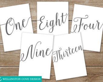 Printable Calligraphy Table Numbers 1-50 • Wedding Instant Download Gray Script Words • Digital File DIY Grey Signs • Downloadable • 4x6 5x7