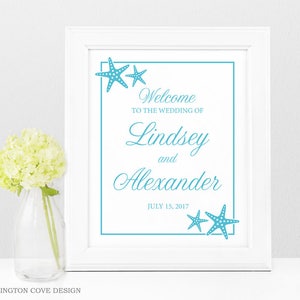 Beach Wedding Welcome Sign Printable Starfish Island Tropical Destination Hawaii Florida Digital Downloadable Poster Coral Aqua Blue image 2