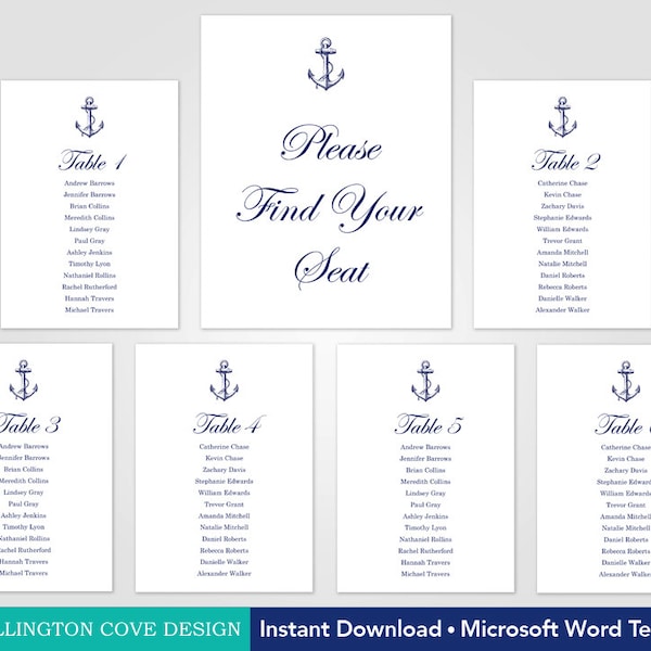 Nautical Wedding Seating Chart Template • Vintage Anchor Table Lists • Place Cards Alternative • Microsoft Word • Navy Digital Printable