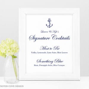 Printable Bar Menu • Nautical Wedding Signature Cocktails Sign Template for Microsoft Word • Anchor Signature Drink Sign • Digital Navy