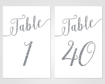 Printable Silver Glitter Table Numbers 1-40 • Calligraphy Script • Instant Download Digital Downloadable 4x6 5x7 • Gray Metallic Elegant