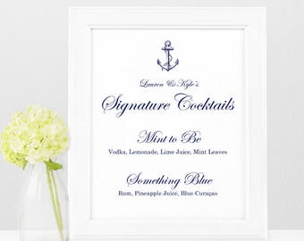 Printable Bar Menu • Nautical Wedding Signature Cocktails Sign Template for Microsoft Word • Anchor Signature Drink Sign • Digital Navy