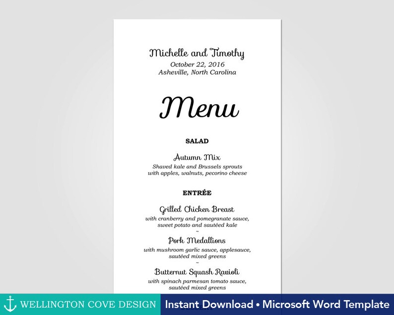 Wedding Menu Template for Microsoft Word • Printable Instant Download ...
