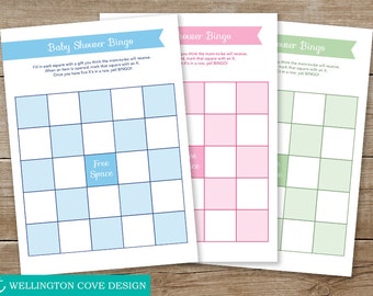 Printable Baby Shower Bingo Game Instant Download • Boy Girl or Surprise Gender • Pink Blue Green Twins Digital Downloadable DIY Games File