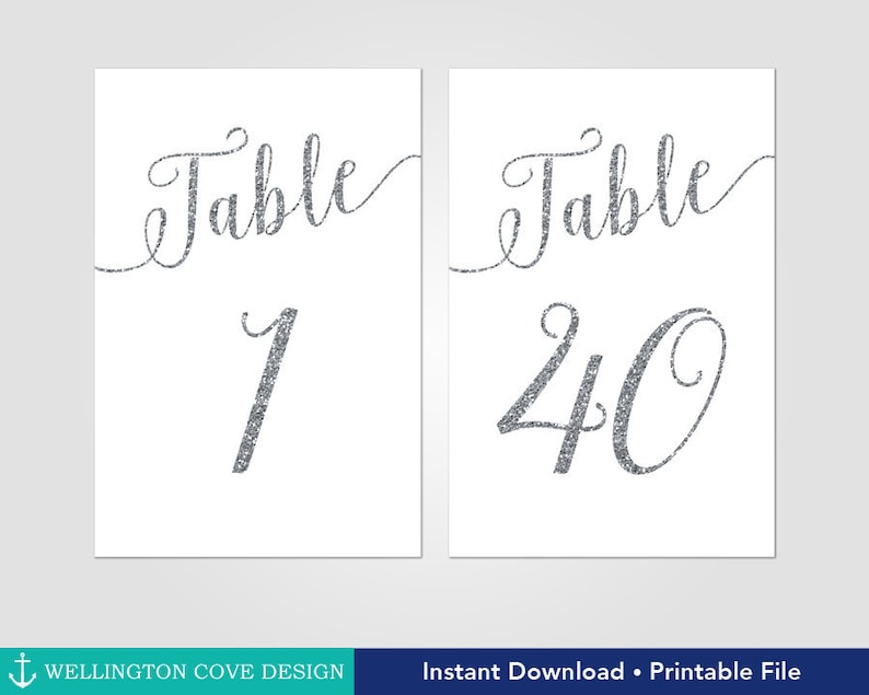 printable silver glitter table numbers 1 40 calligraphy etsy