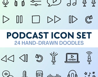 24 Hand Drawn Podcast Icons Set • SVG PNG Clip Art Doodle Style Icon Collection for Instagram Covers, Website • Audio Graphics Illustrations