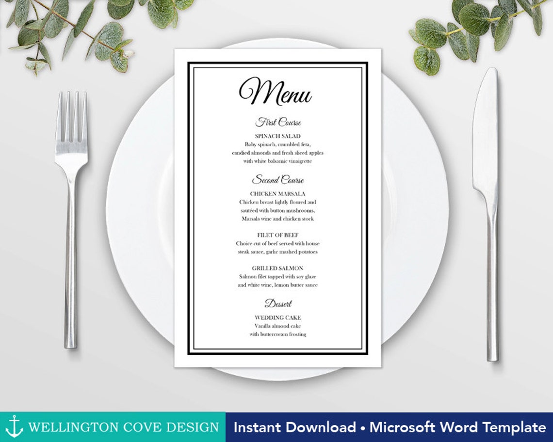 Printable Wedding Menu Template for Microsoft Word Elegant Black Script ...