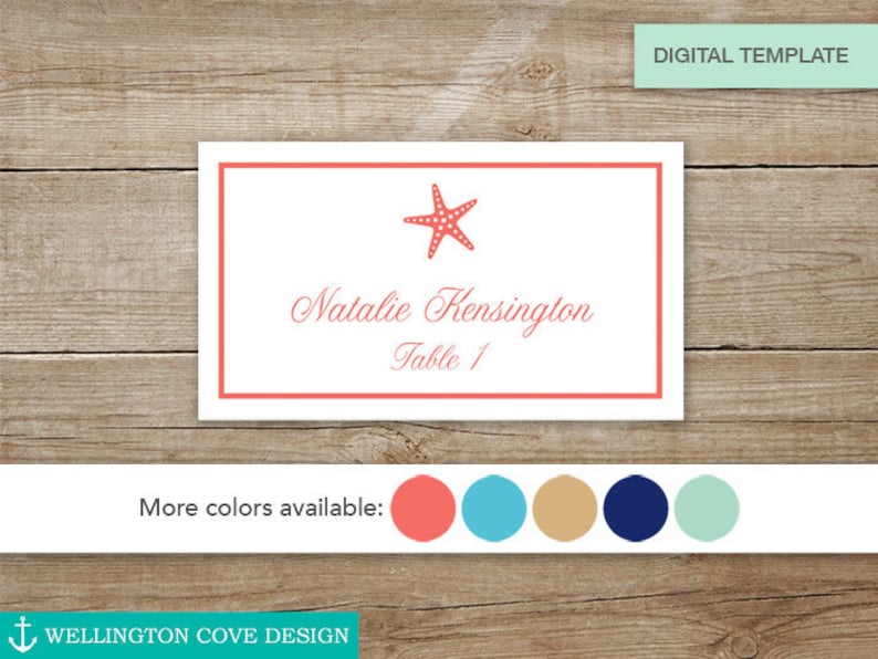 Starfish Place Cards Microsoft Word Template Wedding Printable DIY Digital Instant Download Food Labels Beach Beachy Coral Aqua Navy image 1