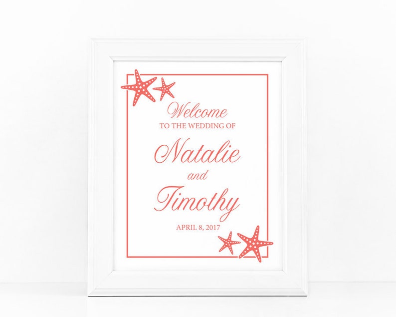 Beach Wedding Welcome Sign Printable Starfish Island Tropical Destination Hawaii Florida Digital Downloadable Poster Coral Aqua Blue image 1