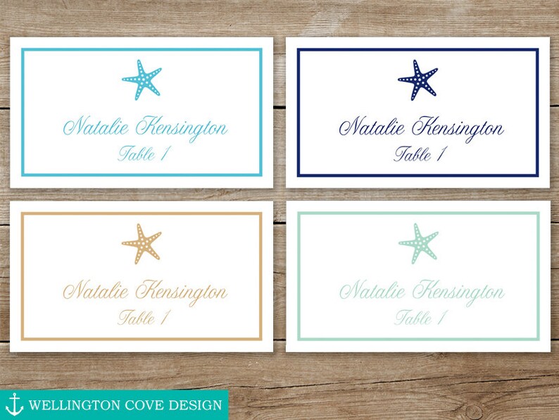 Starfish Place Cards Microsoft Word Template Wedding Printable DIY Digital Instant Download Food Labels Beach Beachy Coral Aqua Navy image 2