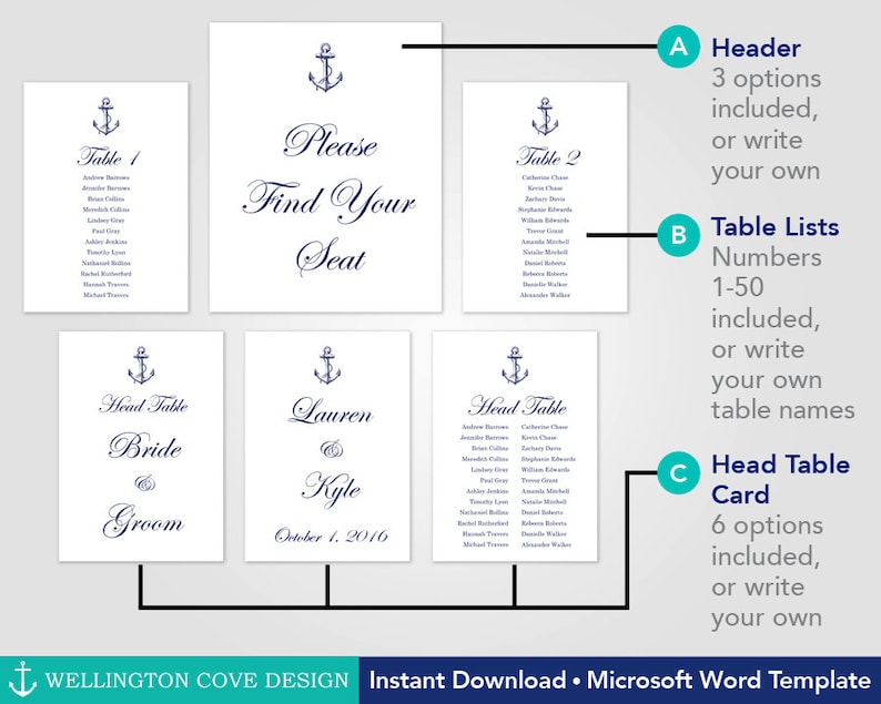 Nautical Wedding Seating Chart Template \u2022 Vintage Anchor Table Lists \u2022 Place Cards Alternative \u2022 Microsoft Word \u2022 Navy Digital Printable