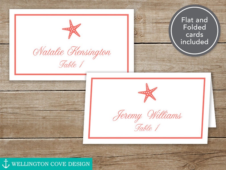 Starfish Place Cards Microsoft Word Template Wedding Printable DIY Digital Instant Download Food Labels Beach Beachy Coral Aqua Navy image 3