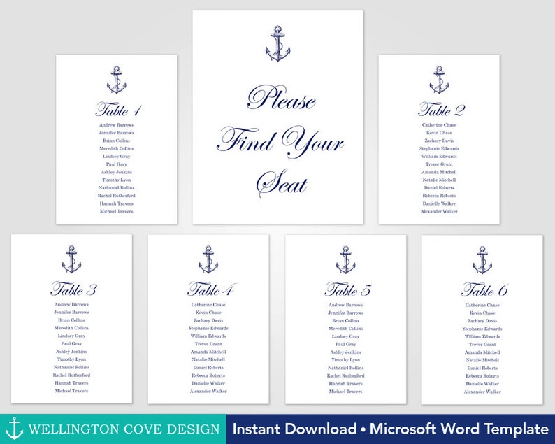 Nautical Wedding Seating Chart Template \u2022 Vintage Anchor Table Lists \u2022 Place Cards Alternative \u2022 Microsoft Word \u2022 Navy Digital Printable