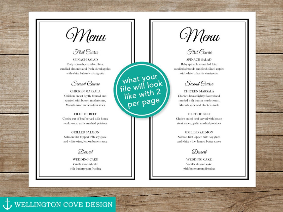 Printable Wedding Menu Template for Microsoft Word Elegant Etsy