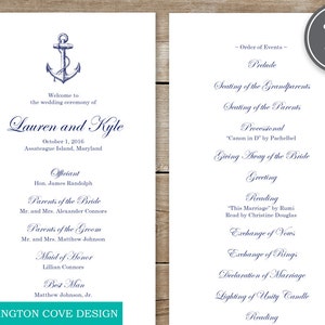 Printable Nautical Wedding Ceremony Program Navy Vintage Anchor Template for Microsoft Word Instant Download Beach Wedding Program image 2