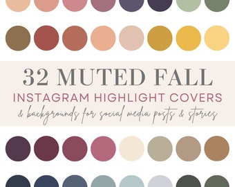 May include: 32 muted fall color palette circles for Instagram highlight covers and social media posts and stories. The colors include shades of brown, red, pink, beige, yellow, green, blue, and gray.