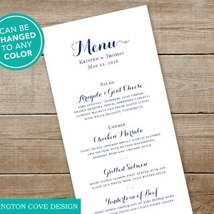 Może przedstawiać: Karta menu weselnego w kolorze granatowym i białym. Menu zawiera opcje sałatki, dania głównego i deseru. Tekst na karcie brzmi: "Menu", "Kristen & Thomas", "May 21, 2016", "Salad", "Arugula & Goat Cheese", "Baby Arugula, Crumbled Goat Cheese, Shaved Bermuda Onion, Shredded Carrots, Candied Walnuts and Fresh Sliced Apples with White Balsamic Vinaigrette", "Entree", "Chicken Marsala", "Eight Ounce Chicken Breast Lightly Floured and Sautéed with Button Mushrooms, Marsala Wine and Chicken Stock", "Grilled Salmon", "Eight Ounce Salmon Filet Topped with Soy Glaze and White Wine,  Vouvray Butter Sauce", "Tenderloin of Beef", "Eight Ounce Choice Cut of Beef Topped with Steak Sauce and Crispy Onion Straws".