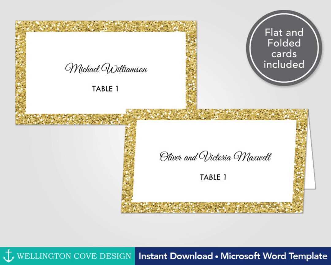 Gold Glitter Wedding Place Cards Template for Microsoft Word • Gatsby ...