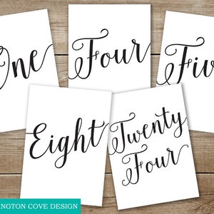 May include: Five white cards with black calligraphy numbers, "One", "Four", "Five", "Eight", and "Twenty Four".