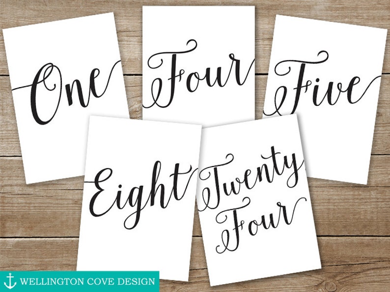 May include: Five white cards with black calligraphy numbers, "One", "Four", "Five", "Eight", and "Twenty Four".