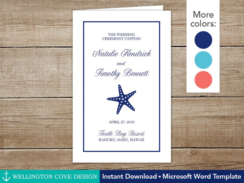 Starfish Beach Wedding Ceremony Program Printable Instant Etsy