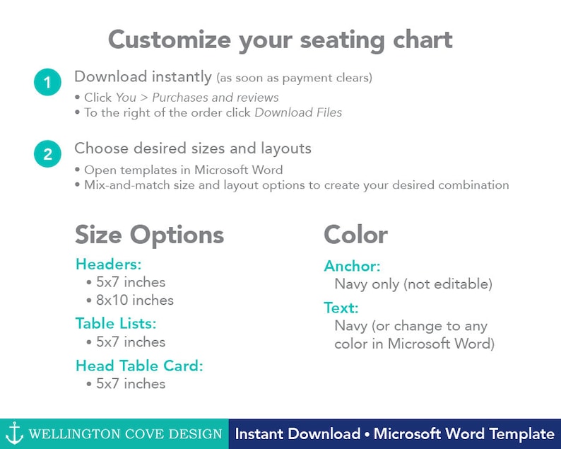 Nautical Wedding Seating Chart Template \u2022 Vintage Anchor Table Lists \u2022 Place Cards Alternative \u2022 Microsoft Word \u2022 Navy Digital Printable