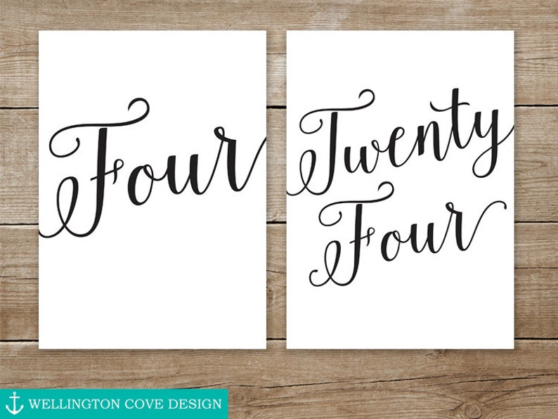 May include: Two printable signs with the number twenty-four written in a decorative script font. The first sign says "Four" and the second sign says "Twenty Four".