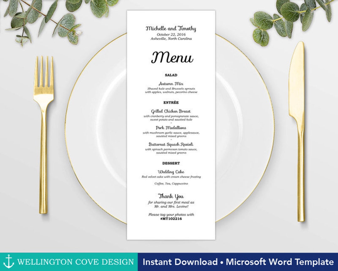 Wedding Menu Template for Microsoft Word • Printable Instant Download