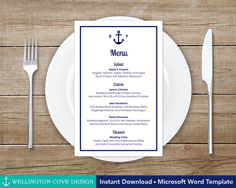 Nautical Wedding Menu With Anchor Monogram Printable Microsoft Word