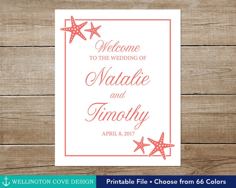 Beach Wedding Welcome Sign Printable Starfish Island Tropical Destination Hawaii Florida Digital Downloadable Poster Coral Aqua Blue image 4